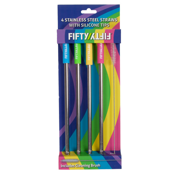 Stainless Steel Straws w/ Silicone Tip - 4pk Assorted Colors with Cleaning Brush
